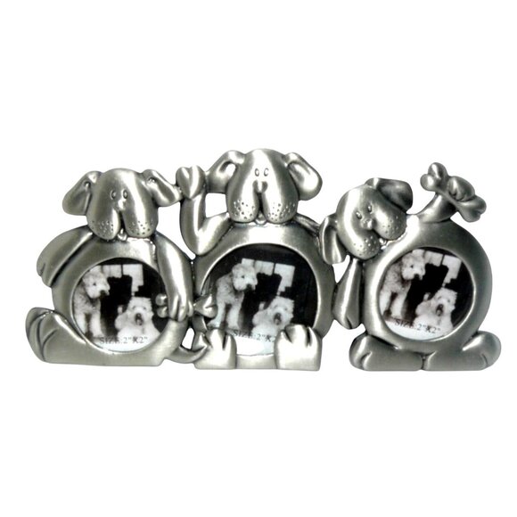 Dog-Themed Triple Photo Frame 1.5" x 1.5" Openings Silver-Toned Metal Tabletop D - Picture 1 of 2